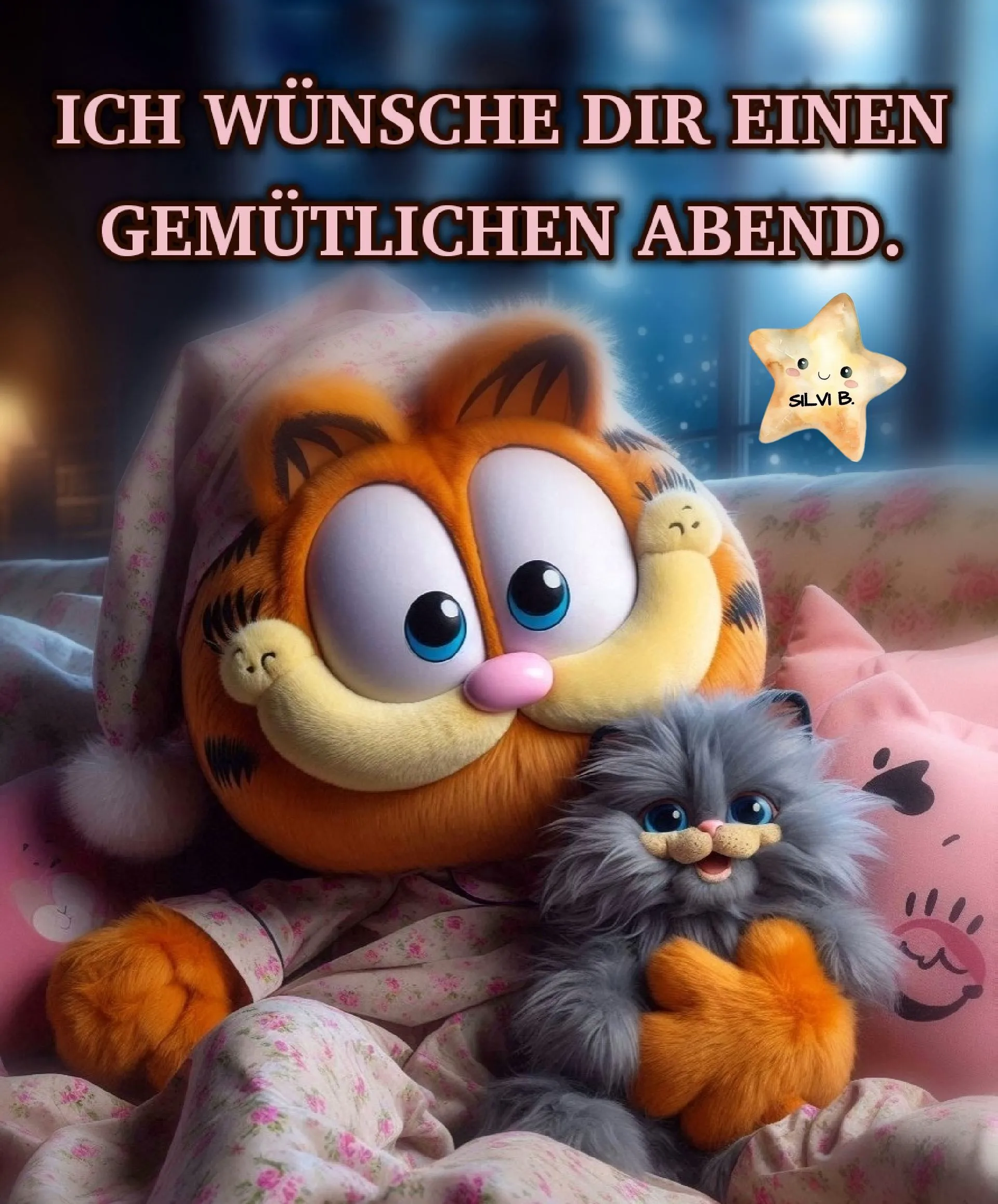 Ein süßes Guten-Abend-Grußbild mit der bekannten Cartoon-Katze Garfield im Schlafanzug, die ein flauschiges graues Kätzchen liebevoll umarmt. Beide kuscheln gemütlich im Bett.